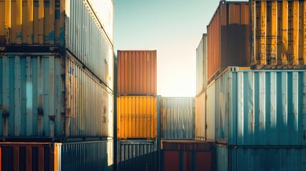 Fototapeta premium Dramatic industrial scene of stacked shipping containers under a clear sky, sunlight highlighting metallic textures and scale
