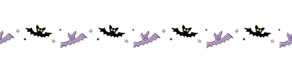 Fototapeta premium Edging, ribbon, border with flying bats, stars. Vector seamless pattern, divider, ornament, decorative element, decoration for Halloween in hand drawn, flat style isolated.