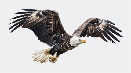 Obraz premium A bald eagle soaring through the sky with its wings spread wide