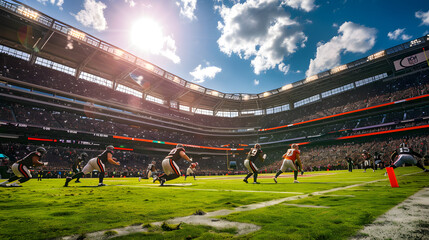 Football players in action on a sunlit stadium field during a daytime game. The bright sun and scattered clouds create a dramatic backdrop.
