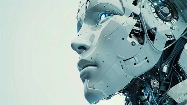 Futuristic robot components blended with a human face silhouette, depicting advanced technology and human integration