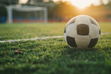 Fototapeta premium classic black and white soccer ball on grass of the stadium