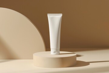 close up An empty white cosmetic tube stands on a pedestal, showing natural skin care