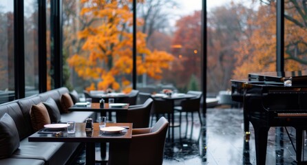 Fototapeta premium Outdoor Patio Dining With Autumn Leaves