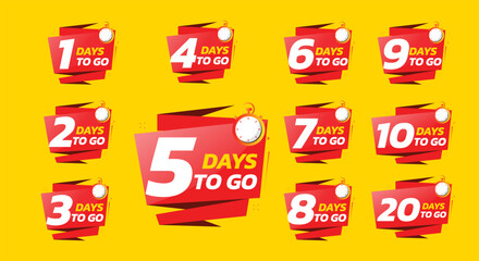 Days To Go Countdown banner template design. 1,2,3,4,5,6,7,8,9,10,20 days left countdown icon. vector 