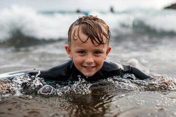 Young boy in wetsuit smiling while swimming in ocean waves, enjoying summer beach activities and water sports with joyful expression