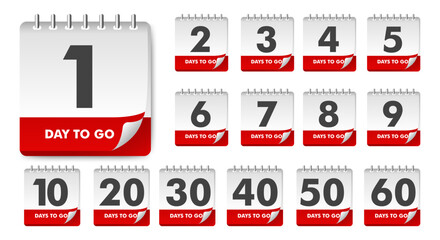 Days To Go Countdown banner template design. 1,2,3,4,5,6,7,8,9,10,20 days left countdown icon. vector 