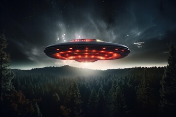 Obraz premium Striking depiction of a large alien spacecraft hovering over a dark, pine forest under starry skies