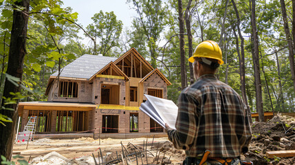 Construction worker with yellow hard hat reviewing blueprints in front of a brick house under construction, surrounded by forested area