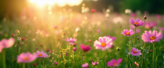 Obraz premium Flowers in the meadow. Magical flower meadow. Meadow flowers in the morning at sunrise. Selective focus. AI generated