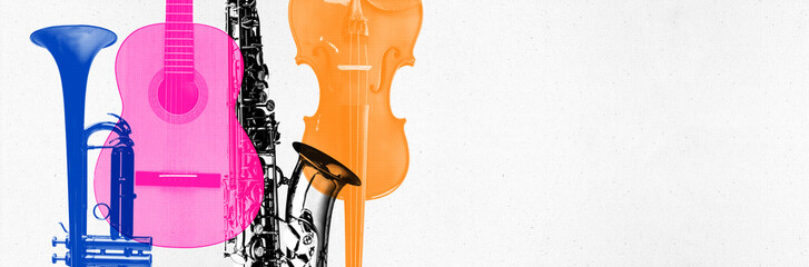 Banner. Contemporary art collage. Colorful silhouettes of violin, trumpet, sax and acoustic guitar against white background with negative space. Surreal artwork. Concept of music, party and festival