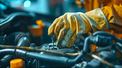 Close-up of a mechanic's gloved hands repairing a car engine in a well-equipped garage. The image emphasizes the precision and care in automotive maintenance.
