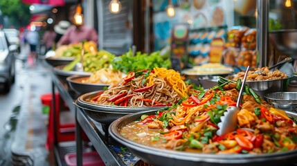 Obraz premium A street food vendor displays colorful, appetizing dishes, ready to tempt hungry passersby.