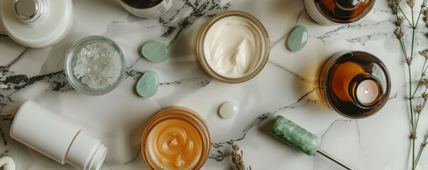 A top-down view of a selection of skincare essentials, such as a nourishing cream, face serum, and...