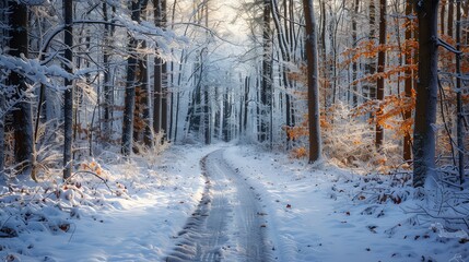 A snowy path winds through a wintery forest, sunlight filtering through the bare branches.