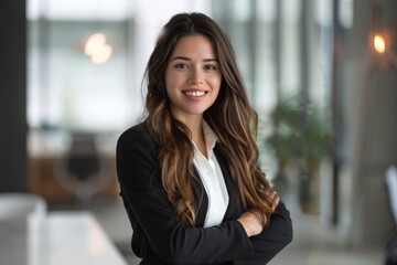 Obraz premium Confident young businesswoman in an office setting. She is wearing a black blazer and white shirt. Ideal for professional and corporate use, business presentations, or advertisements. Generative AI