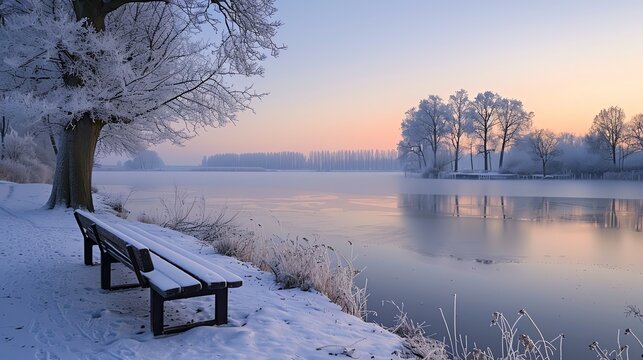 A serene winter scene with a bench overlooking a tranquil lake. The trees are dusted with snow and the sky is a soft pastel pink and blue.