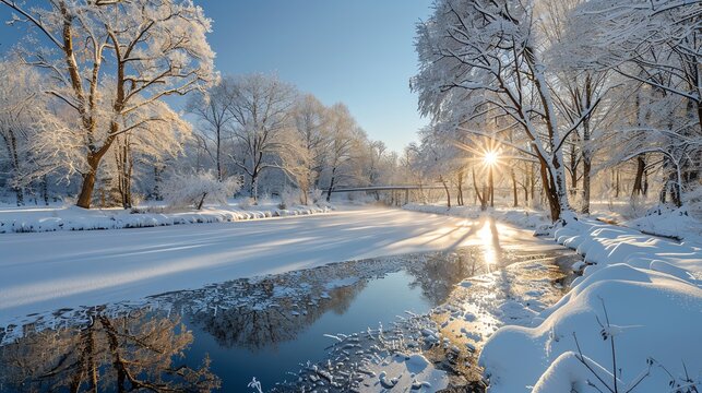 A serene winter scene with snow-covered trees and a frozen stream reflecting the golden sunlight.