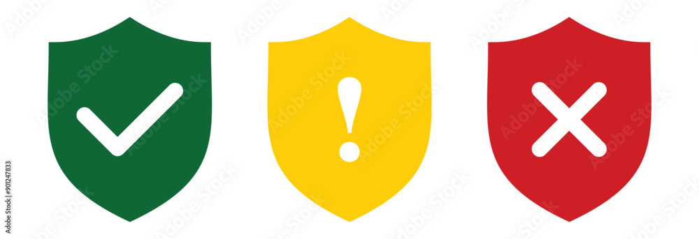Poster safe caution and unsafe icon set. green yellow and red shield with tick cross and caution sign. warn