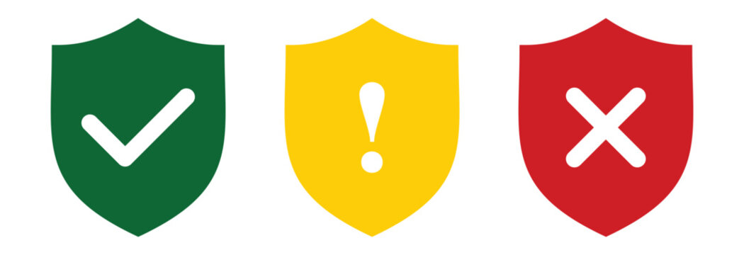 safe caution and unsafe icon set. green yellow and red  shield with tick cross and caution sign. warning label for app, website. transparent png and vector illustration.