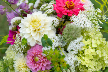 Summer bouquet top view close up. Beautiful multi colored fresh flower arrangement. Birthday...