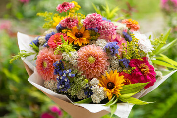 Summer bouquet. Beautiful multi colored fresh flower arrangement. Birthday bouquet made of summer...