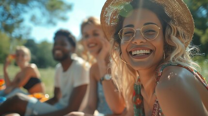 A group of friends laughing and enjoying a sunny day together. The woman in the front is covered in colorful powder, adding to the festive atmosphere.