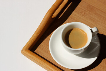 Cup of Espresso Coffee on Wooden Serving Tray. Coffee Break Refreshment.