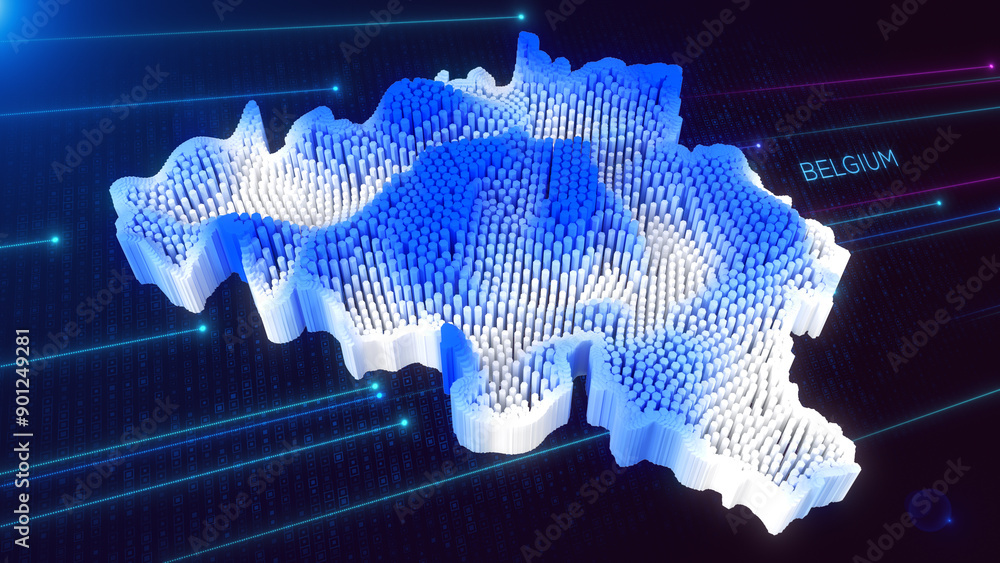 Poster digital 3d perspective dynamic rippling map of belgium in blue and white, set against dark futuristi