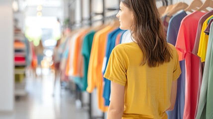 A woman stands in a modern clothing store, gazing at vibrant apparel displayed on hangers, embodying fashion and style.