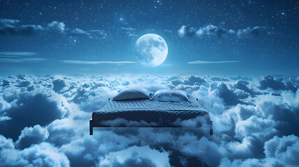 A bed floating among clouds under a full moon in a starry night sky. The surreal and dreamy scene evokes tranquility and imagination, perfect for themes of sleep and fantasy.