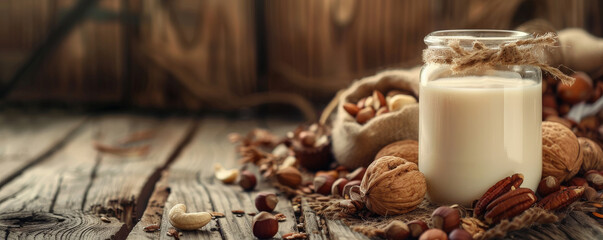 Fototapeta premium A wooden background with a jar of nut milk and assorted nuts. The natural wood grain enhances the creamy, wholesome appearance of the milk, ideal for promoting a healthy lifestyle.
