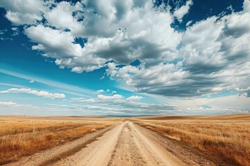 road through open plains under a dramatic sky with fluffy clouds, adventure travel