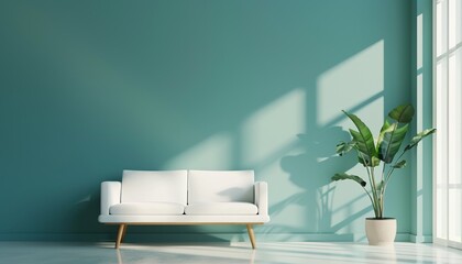 Modern Minimalist Interior with White Sofa Against Teal Wall, Bright Room, Copy Space