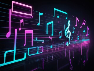Abstract neon light music notes, glowing space background wallpaper