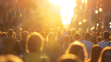 A vibrant crowd of people walking on a city street during sunset. The warm, golden light creates an atmospheric scene, highlighting the hustle and bustle of urban life.