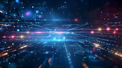 Dynamic Digital Landscape with Vibrant Light Trails and Particles