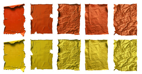 Collection set of orange yellow mustard crushed wrinkle scrunch torn rectangle A4 paper, old tear crumple rip edges on transparent cutout, PNG. Many different design. Mockup template artwork graphic