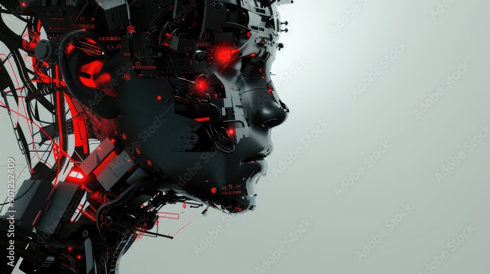 Aufkleber silhouette of a face combined with futuristic robotic elements, showcasing the merging of human and 