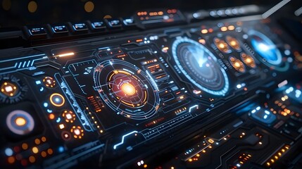 Obraz premium Futuristic Control Panel with Glowing Interfaces and High-Tech Design