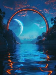 A vibrant rainbow arcs over calm waters, great for use in travel or environmental visuals