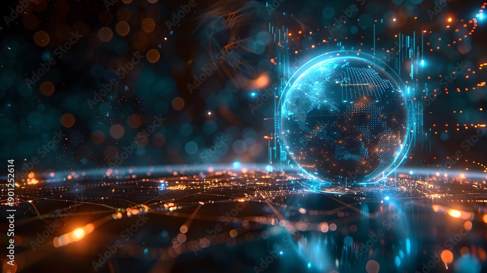 Poster futuristic digital globe surrounded by glowing data points and networks