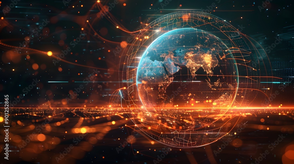 Poster futuristic digital globe with data streams and global connectivity