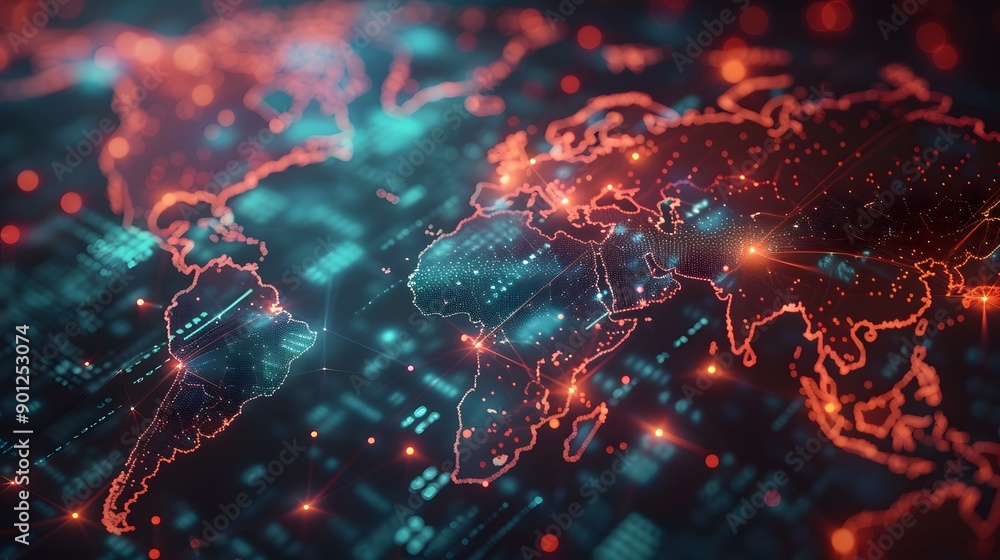 Poster futuristic digital world map with glowing connections and data visualization