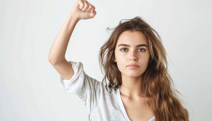 Fototapeta premium Portrait of Empowered Young Woman Raising Fist Against White Background