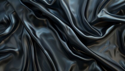 Fototapeta premium Smooth Elegant Flowing Black Satin Fabric with Soft Creases, Dark Background, Copy Space