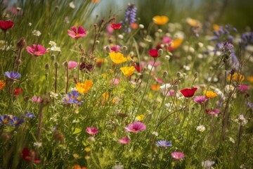 Fototapeta premium Vibrant wildflower field full of various colorful flowers under soft sunlight