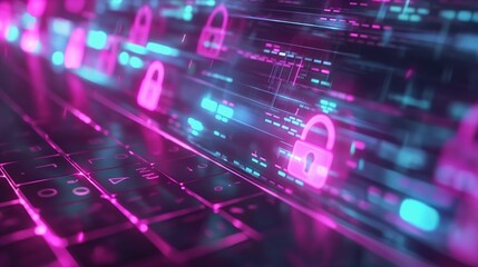 Obraz premium A Laptop Keyboard with Neon Padlocks and Digital Data Streaming