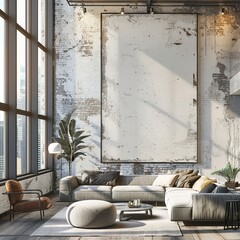 Modern Office Space with Blank Poster on Wall