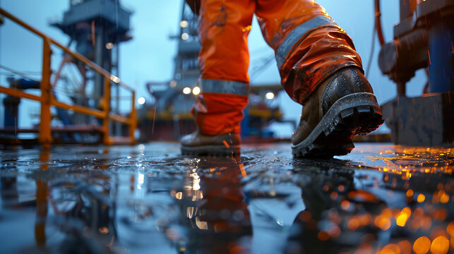 Close up oil worker in orange safety gear walking on a wet platform, reflective lights and puddles, industrial setting, focus on resilience and safety